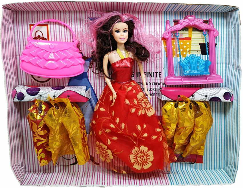 Kidieez Barbie doll toy I beautiful girl barbie red doll set for kids I Multicolor DRESS I charm girl Barbie doll toy I beautiful girl barbie red doll set for kids