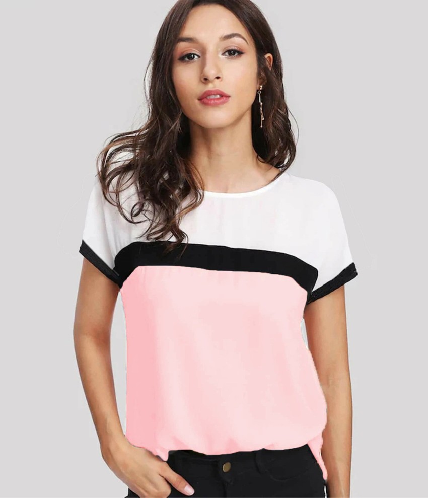 LEWEL Colorblock Women Round Neck White Pink Black T Shirt Buy LEWEL Colorblock Women Round Neck White Pink Black T Shirt Online at Best Prices in India Flipkart