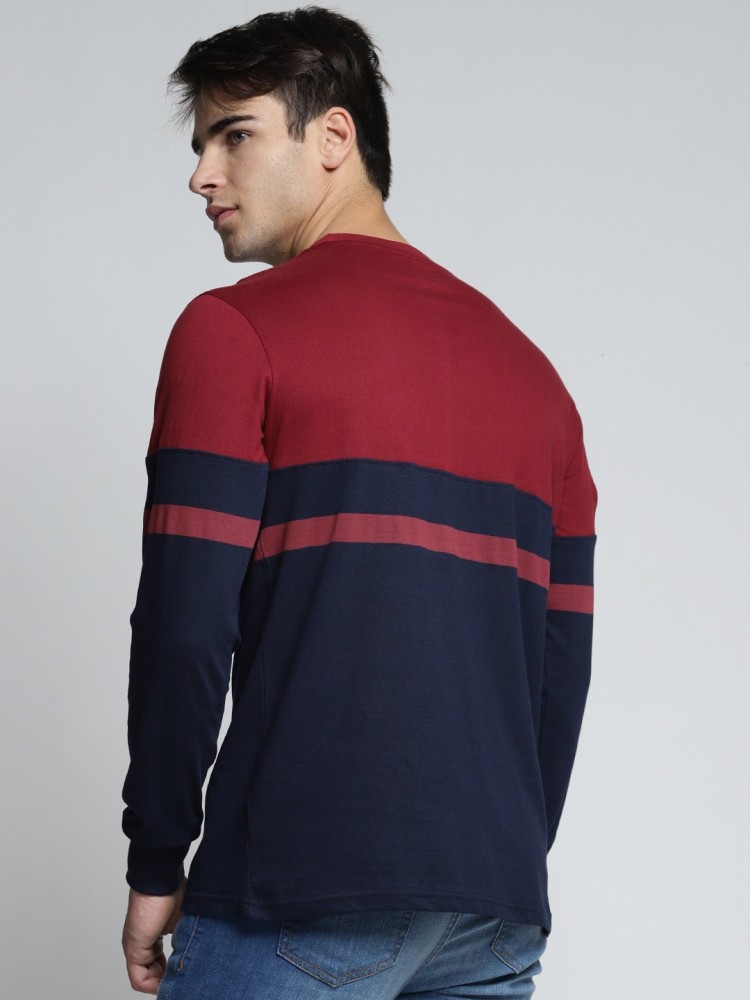 Men Striped V Neck Maroon, Grey T-Shirt Price in India, Full