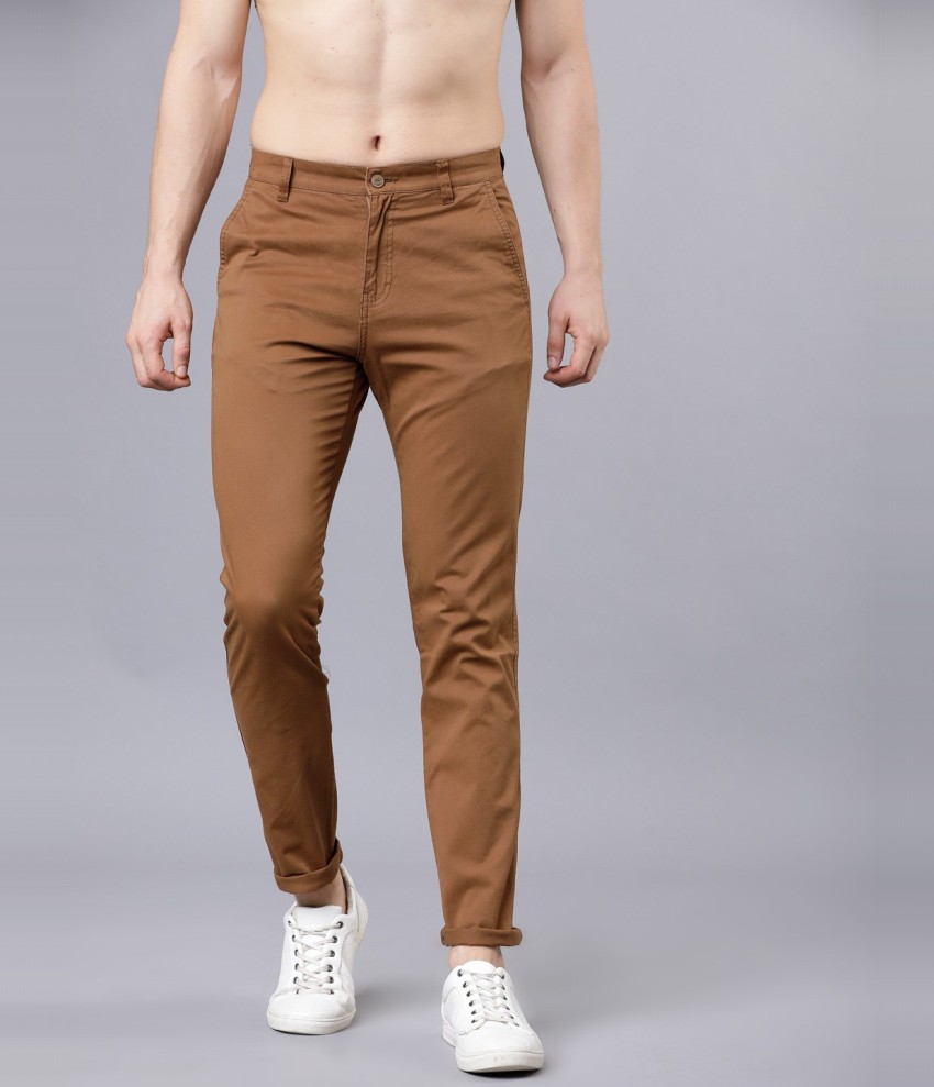 Men Dark Khaki Slim Fit Mid Rise Solid Casual Trouser