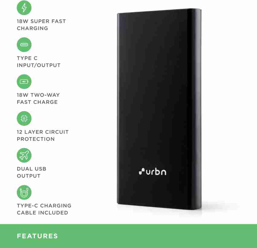 URBN 20000 mAh Premium Black Edition Nano Power Bank, 22.5W Super Fast  Charging, Pocket Size, Dual Type C Power Delivery (PD) Output + 1 USB  Output for Quick Charge