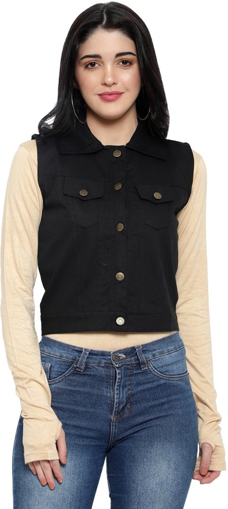 Black sleeveless shop denim jacket womens