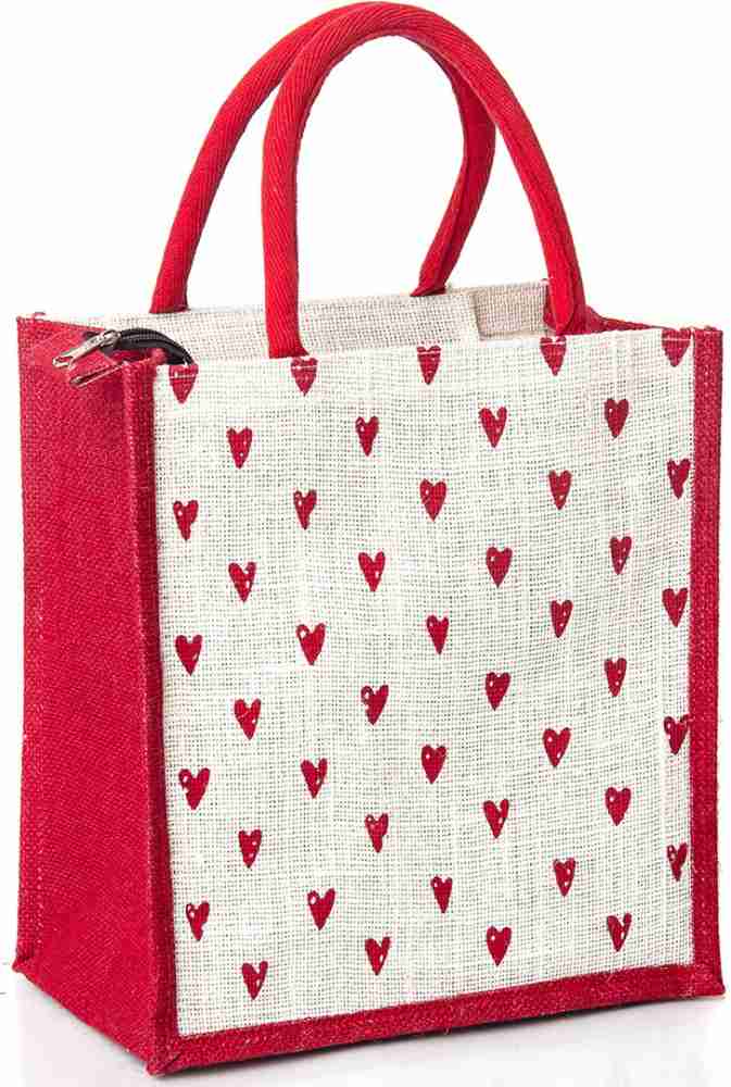 H&B Jute Lunch Bag, Lunch box Bag , Jute Tiffin bags for Men  or women - Heart Red Waterproof Multipurpose Bag - Multipurpose Bag