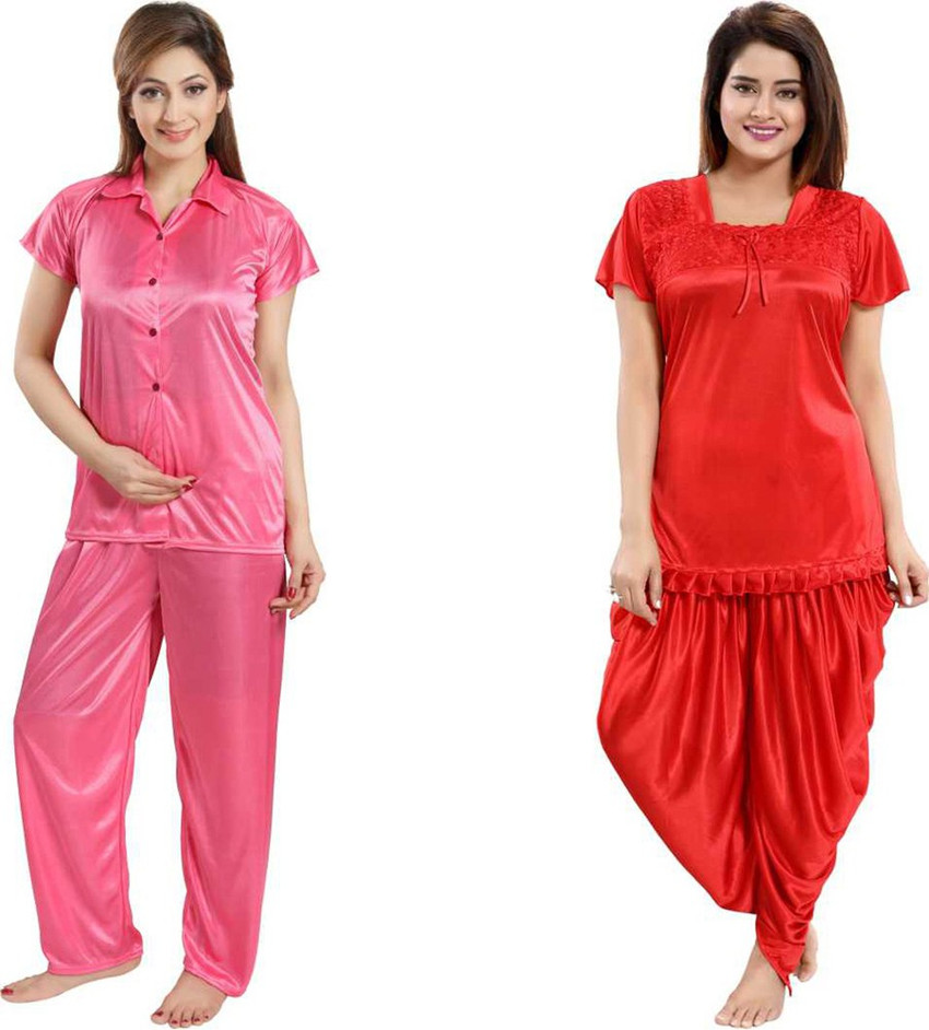 Delight Women Solid Red Pink Night Suit Set Price in India Buy