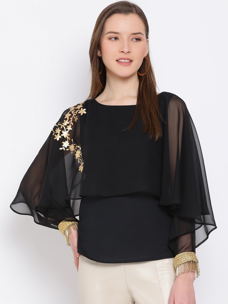 ALL WAYS YOU Casual Flared Sleeve Embellished Women Black Top