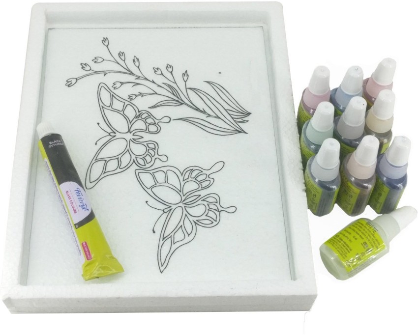 AUMNI CRAFTS Glass Painting Kit Random Design Template 8x6 Inch Base With  10 Water Based Colors of 10ML Each and 1 Outliner of 15 ML (G1M0-GC) - Glass  Painting Kit Random Design