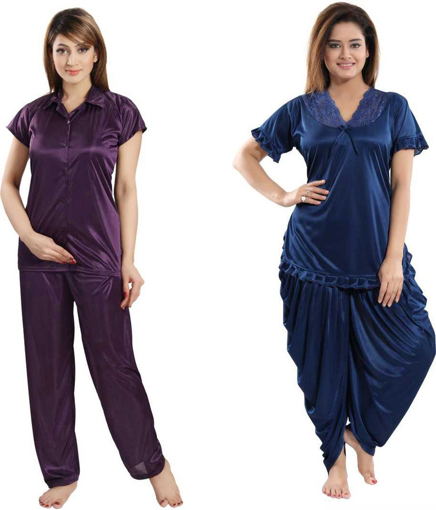 Delight Women Solid Dark Blue Purple Night Suit Set