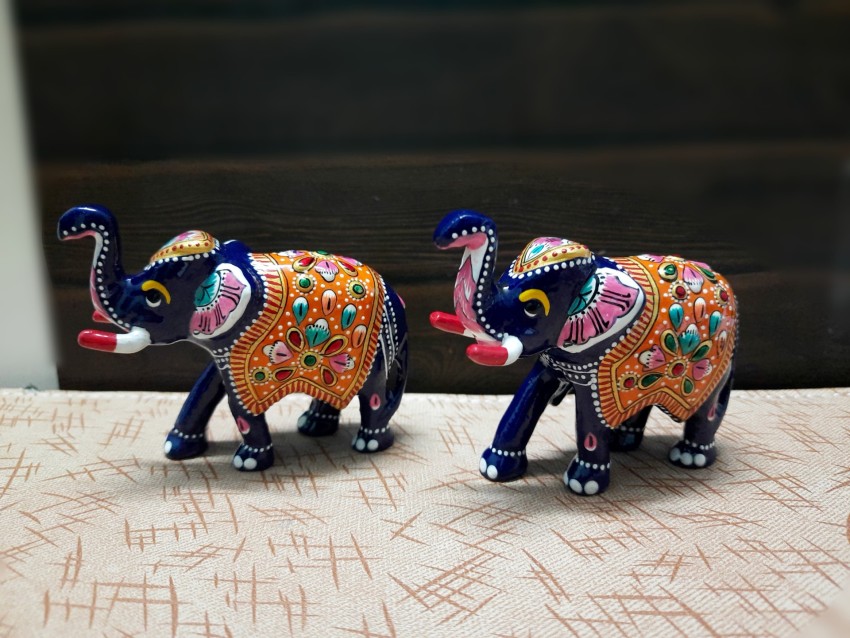 Handcrafted Decorative Metallic Elephant (Set of 2) - Meenakari Stonework -  Animal Decor