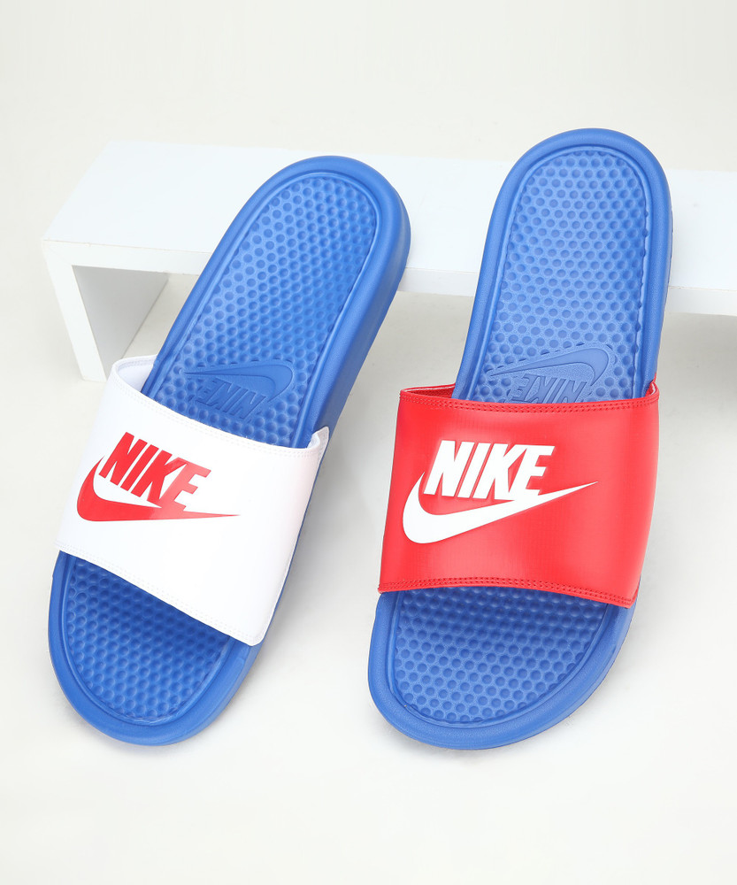 Red and blue best sale nike slides