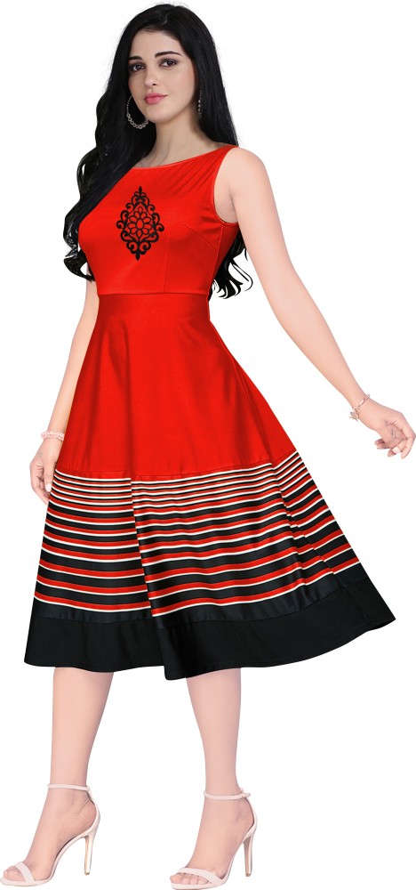 Red And Black Printed Crepe ALine Flared Dress With Inside Attached Short  Sleeve