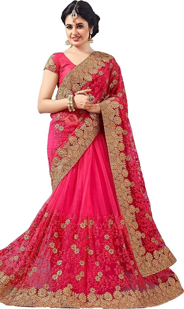 Buy Gymfy Self Design Temple Border Embroidered Embellished Bollywood Silk Blend Pure Silk Pink Sarees Online Best Price In India Flipkart