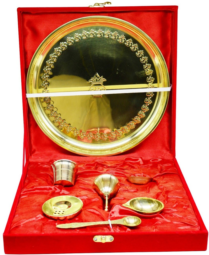 Beautiful Gold Plated Brass Pooja Thali Set for Diwali Poojan, Dhanteras,  Hawan Puja, Diwali Pujan, Navrata Pujan (1 Pieces, Gold)