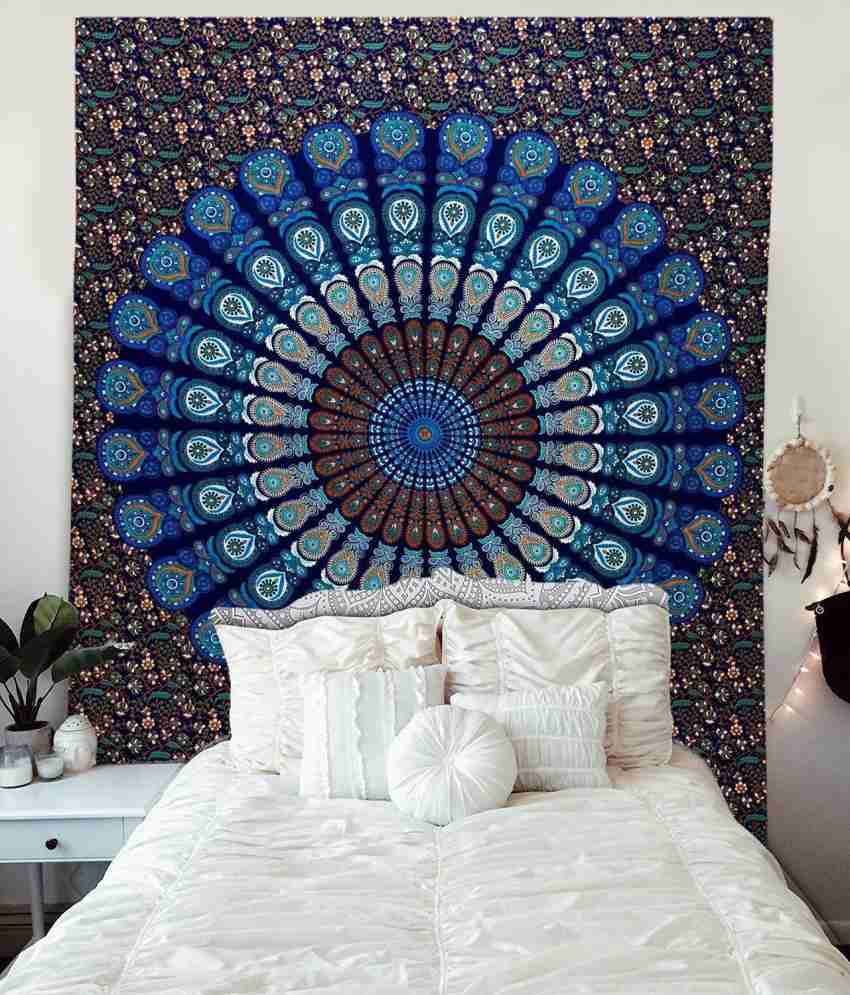 India Arts Handwoven Tapestry Bedspread Wall Hanging Dark Blue & Gray