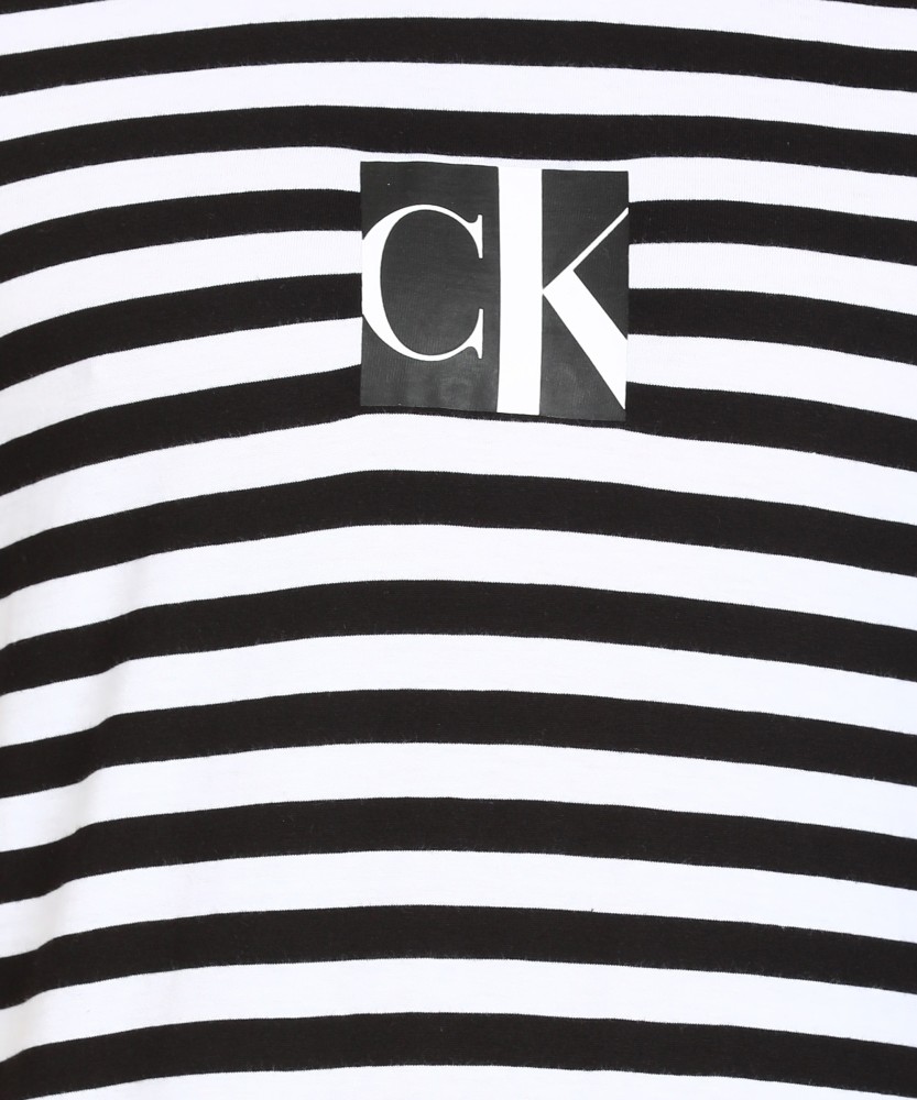 Calvin Klein Jeans Men Black White Striped Round Neck Pure Cotton T-shirt