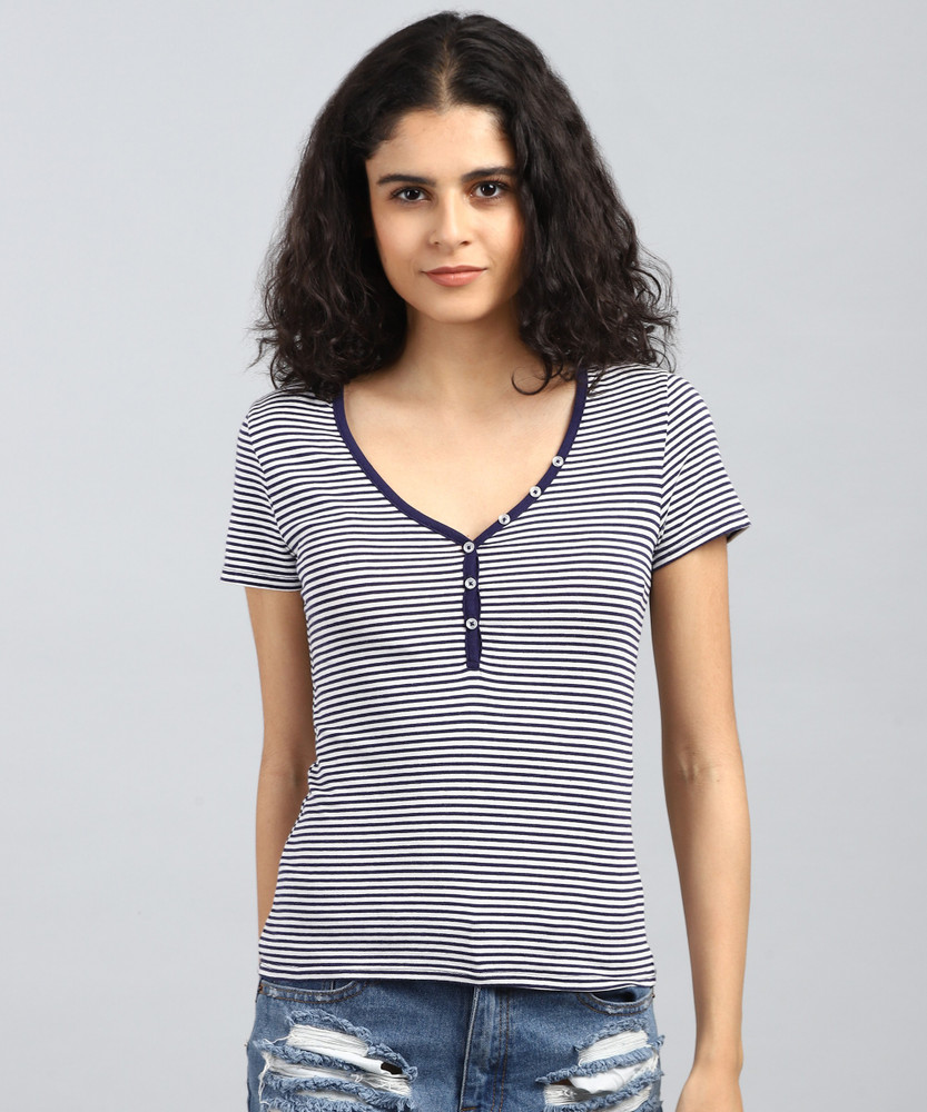 FOREVER 21 Striped Women V Neck Dark Blue White T Shirt Buy
