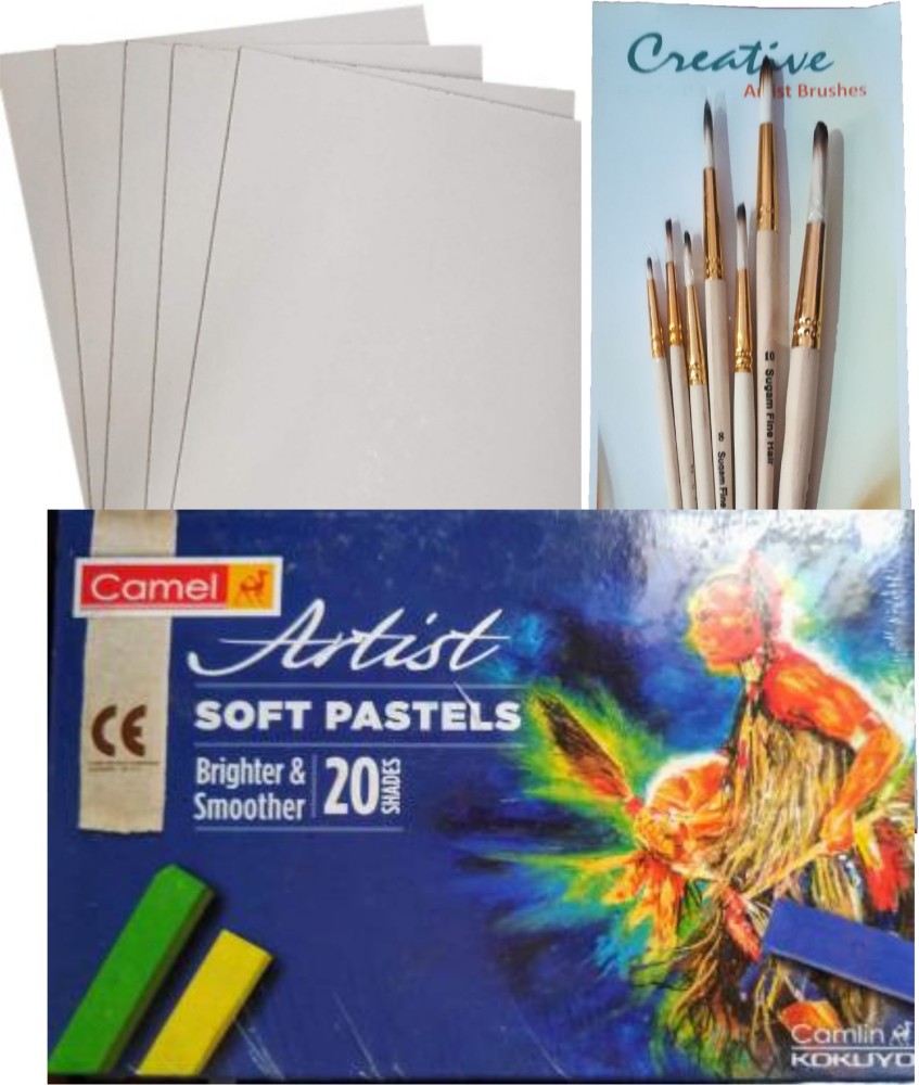 JS Soft Art/Drawing Kit (Artist Soft Pastels 20 Shades,  Artist Brushes-7Pcs & A4 Art Paper-25 Sheets) - Art Set