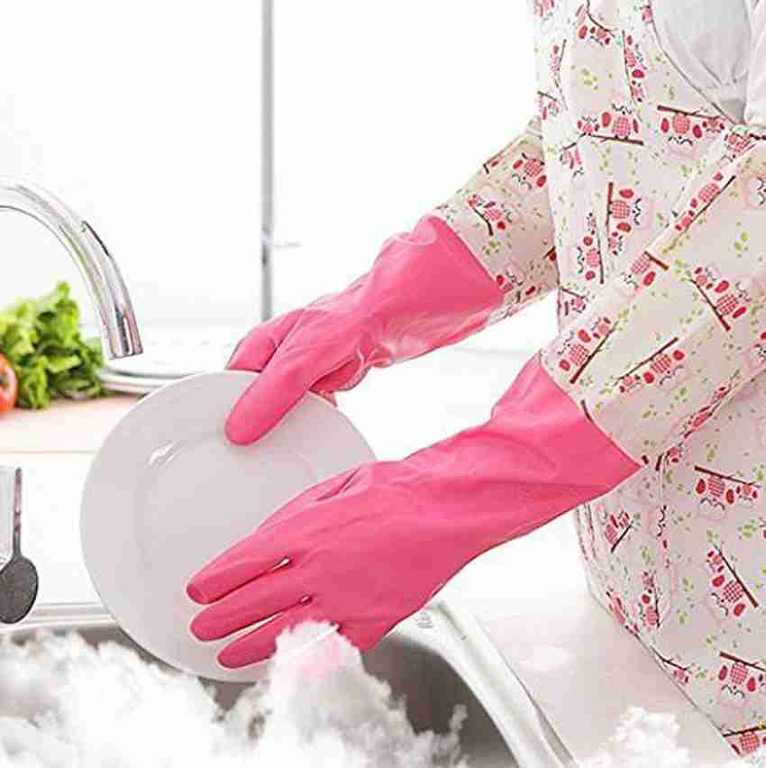Diniva Reusable Rubber lined Hand Gloves For Kitchen Long Sleeves Safety Kitchen Gloves For Dish Washing Cleaning Gardening Lab Work Laundry Cleaning Gardening and Sanitation Free Size Wet and Dry Glo...