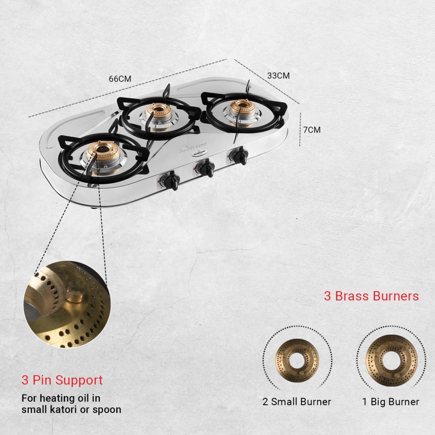 sunflame shakti three burner ss glass top gas stove