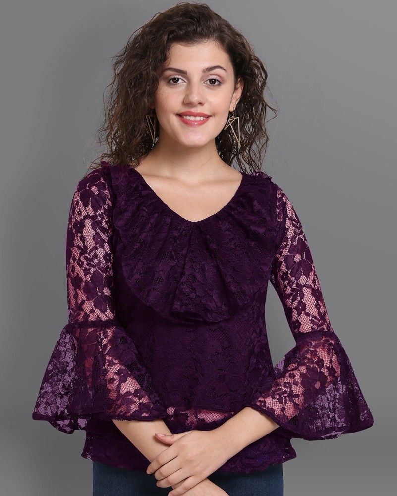 Sheetal Associates Casual Bell Sleeve Lace Women Purple Top - Buy