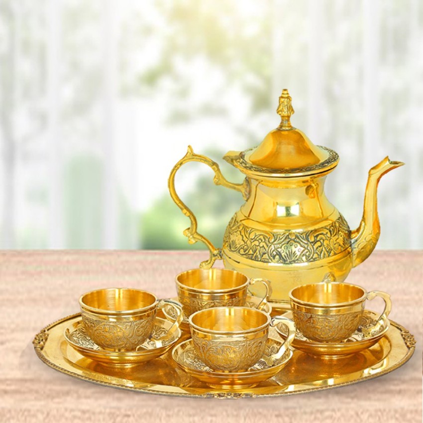 Brass Tea Set Pack of 6 Cup & Saucers Set (Copper Antique -Work)