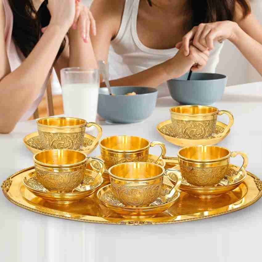 GoldGiftIdeas Four Gold-Silver Plated Brass Cup and Saucer Set,  Tea/Coffee Cup Saucer Set: Cup & Saucer Sets