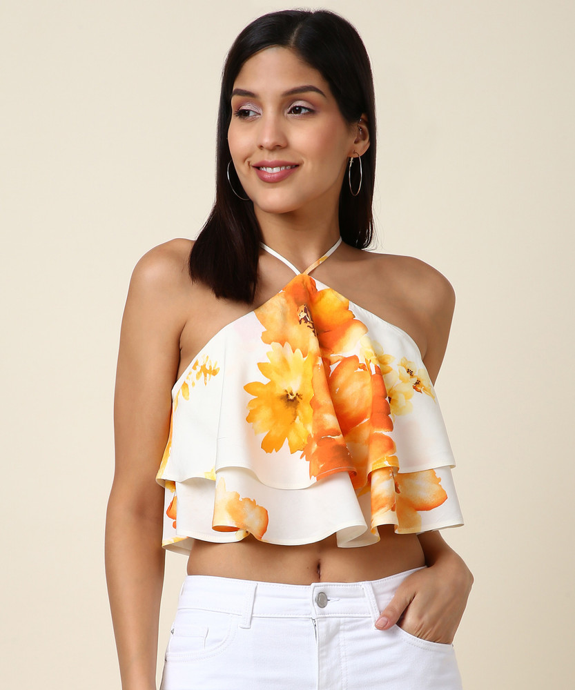 FOREVER 21 Party Sleeveless Floral Print Women White Orange Top