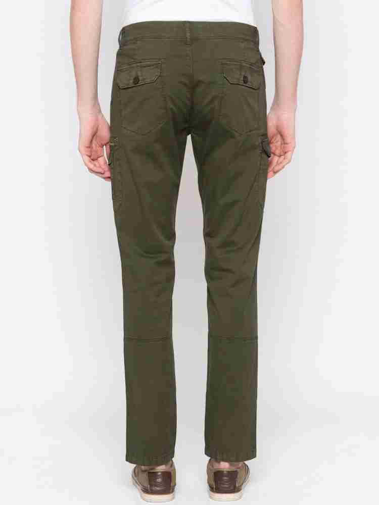 Spykar Olive Green Cotton Slim Fit Tapered Length Trousers For Men