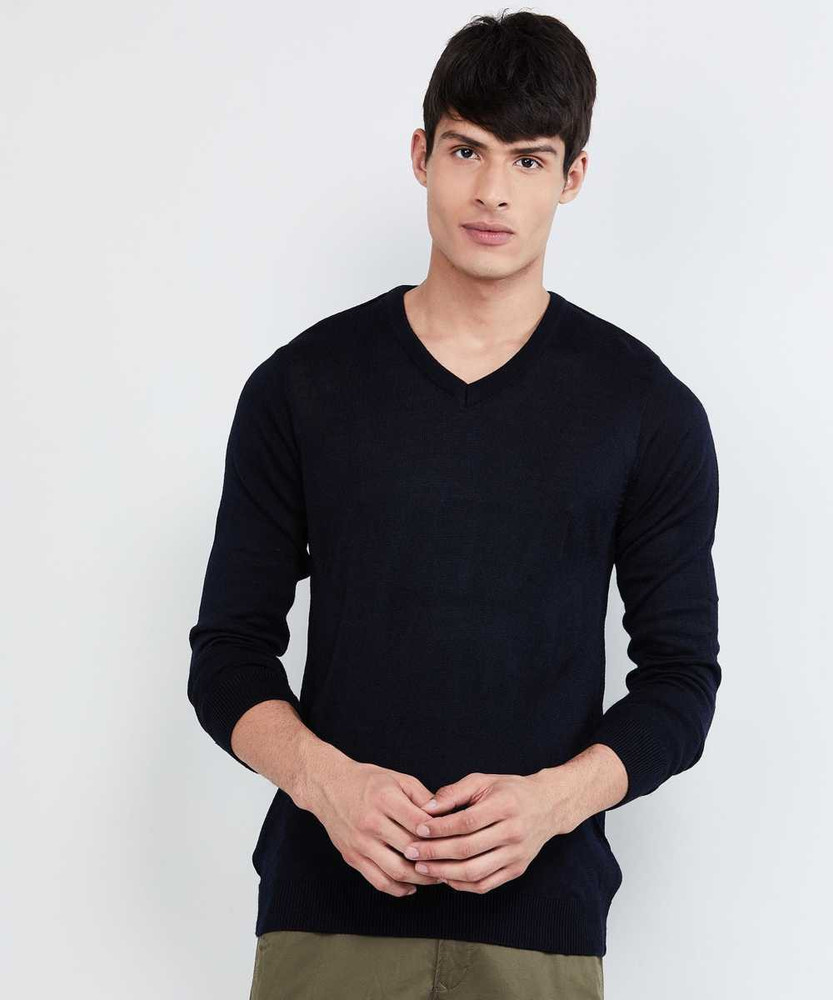 OM DESIGNER Solid Round Neck Casual Men Blue Sweater