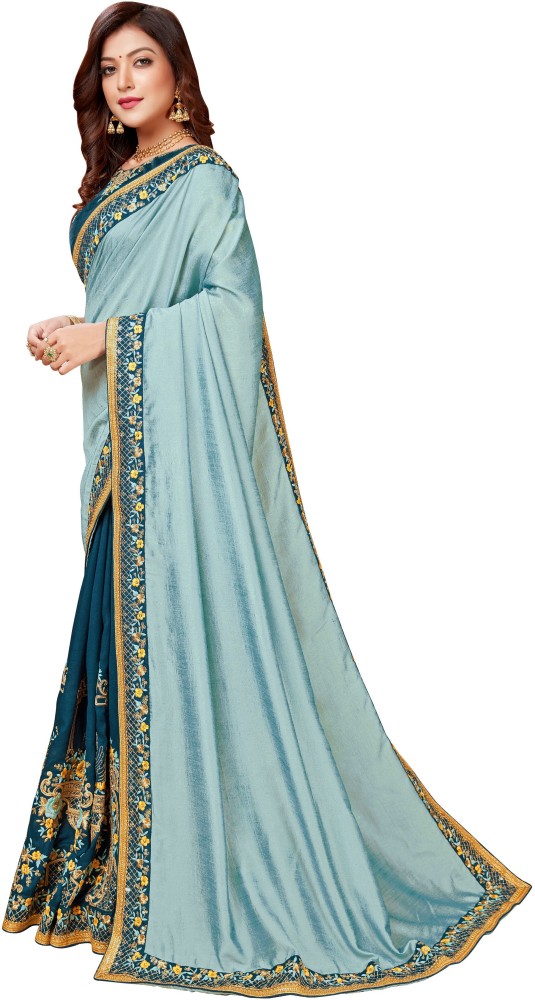 Dark blue embroidered silk blend saree with blouse - MANOHARI