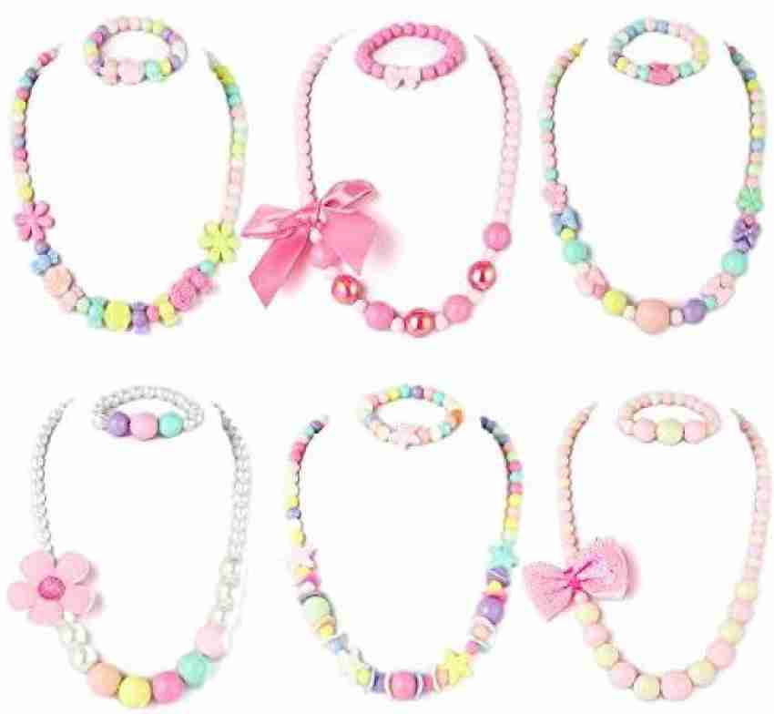 Pinksheep Beaded Necklace and Beads Bracelet for Kids, 6 Sets, Little Girls Jewelry Sets, Favors Bags for Girls