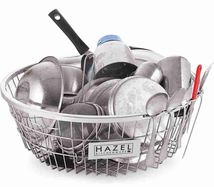 HAZEL Stainless Steel Dish Drainer Bowl Bartan Basket Utensil Drying Rack  Square Extra Large Stand for Kitchen