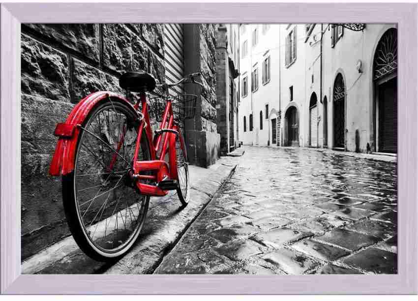 Artzfolio ArtzFolio Retro Vintage Red Bike in an Old Town Canvas