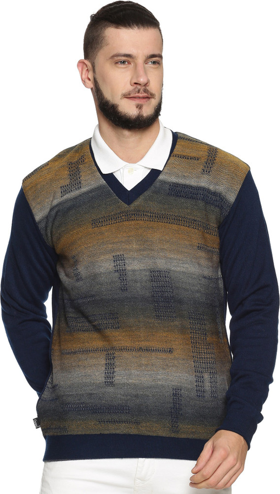 OSWAL Printed V Neck Casual Men Reversible Blue Sweater Buy