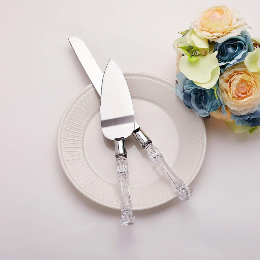 Silver and Clear Cake Knife and Server Set with Crystal Handles