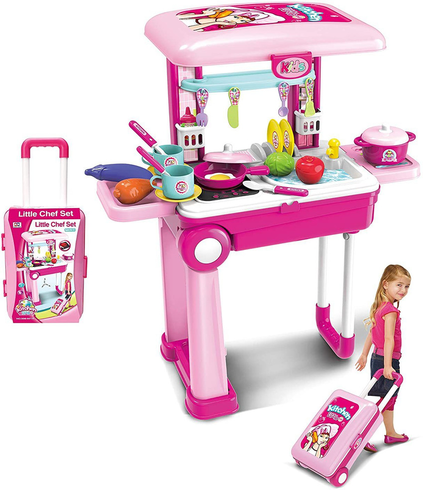 N2J2 SHOP Kids Foldable Kitchen Set Trolley with Light and Music