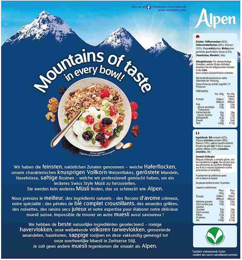 Alpen Cereal No Added Sugar 550g, 40 OFF
