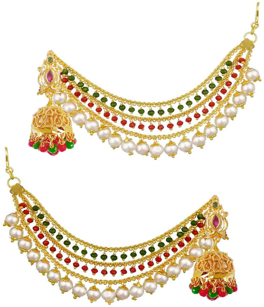 Panachee Big Pearls Temple Earrings Chain Jewellery Gold Coated Multilayer Pearl Beads Alloy Jhumki Earring