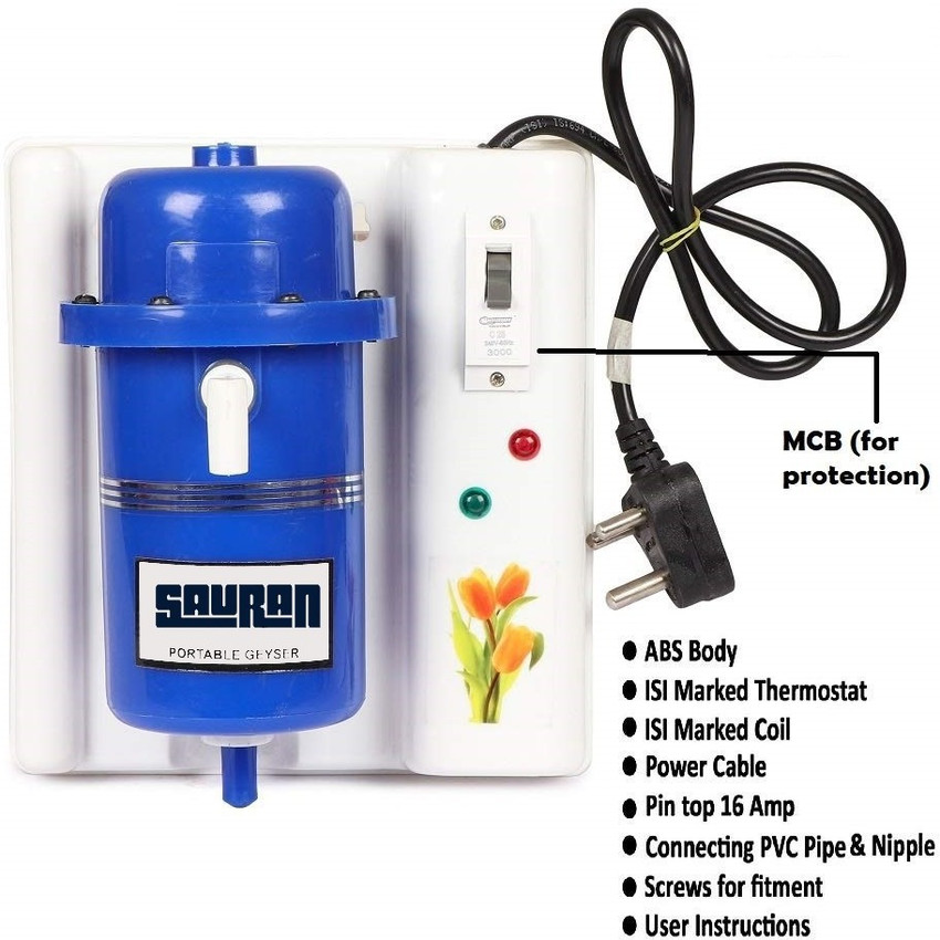 Sauran 1 L Instant Water Geyser (Instant Running Water Heater ABS Plastic,  Auto Cut Off and Manual Reset, suitable for Home, Office, Restaurants,  Labs, Clinics, Saloon, Beauty Parlor, Blue, White) Price in