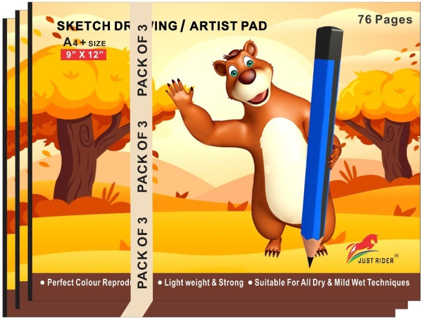 Just Rider Artist pad/Sketch Drawing Book Extra-Large A4+ Size (9x12 inch)  Acid Free 32 Pages for doodling, Pencil/Chalk, Oil Pastels, Crayons, Brush  Pen, Graphite and Light Water Coloring Sketch Pad Price in