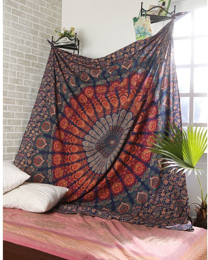 Art World Blue Twin Mandala Tapestry Wall Hanging Indian Cotton Tapestries  Bedspread Picnic Beach Throw Blanket Wall Art Hippie Tapestry Bed Cover