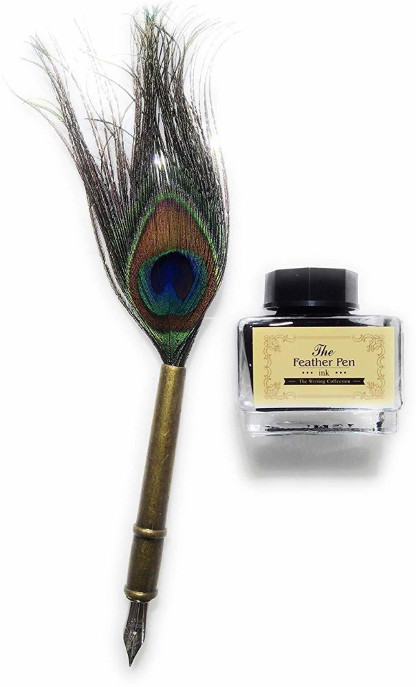 DEZIINE Antique Quill Peacock Feather Pen with Holder and Ink