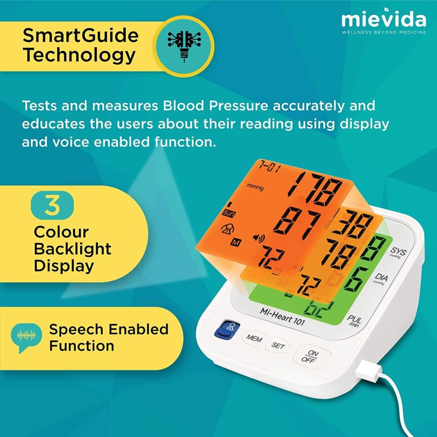 Mievida Mi-Heart B7 Fully Automatic Digital Blood Pressure Monitor, Most  Accurate BP Checking Machine with Smart 3 Colored Backlight Display of 3.8  Inches and Dual User (2 X 192 M) 