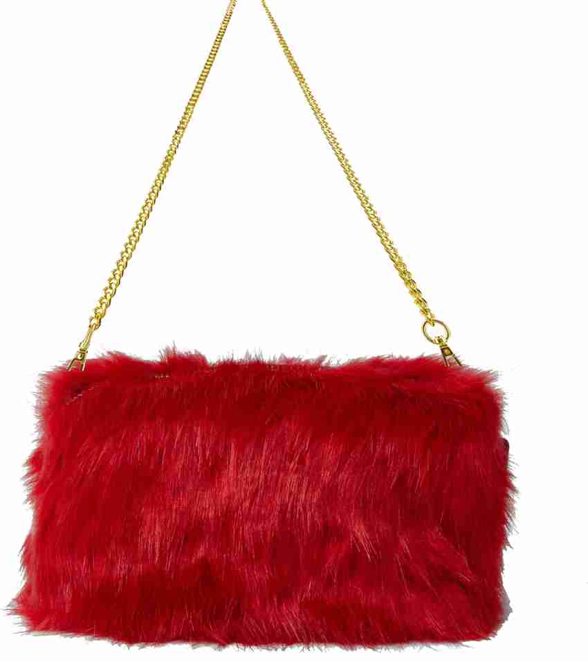 BROWN BOSS Red Clutch Faux Fur Clutch Purse Handbag with