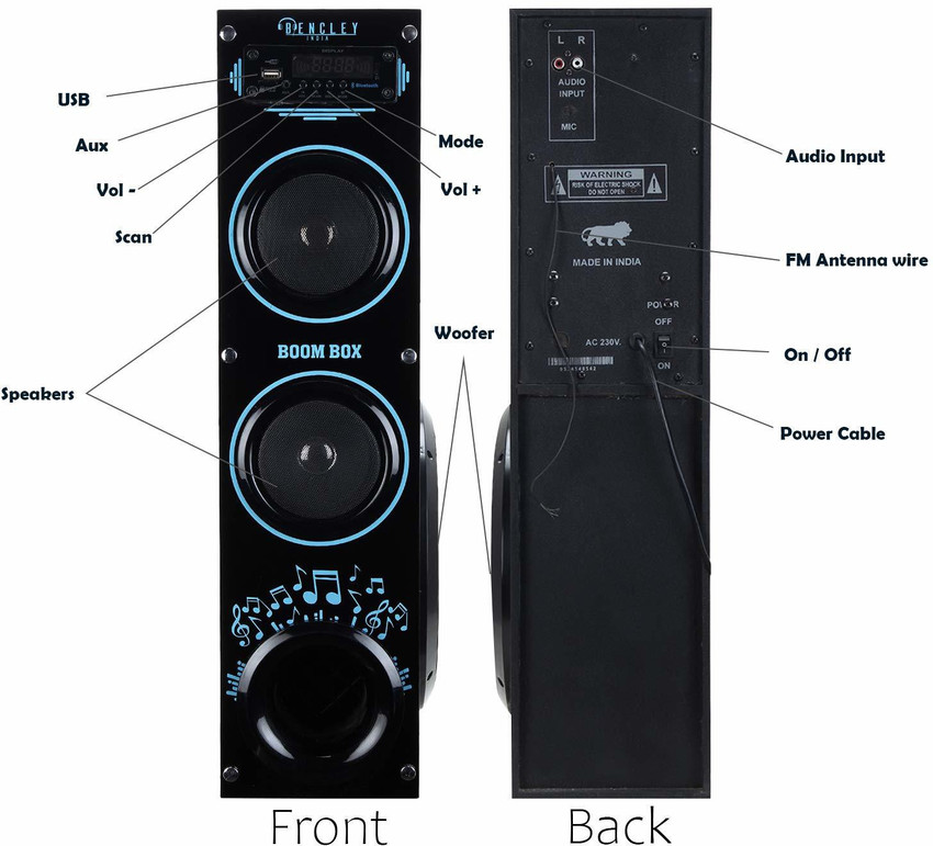 Bencley 90 W Boom Box Tower Speaker with Bluetooth, Aux, USB, Mic Port  (Blue, Black)