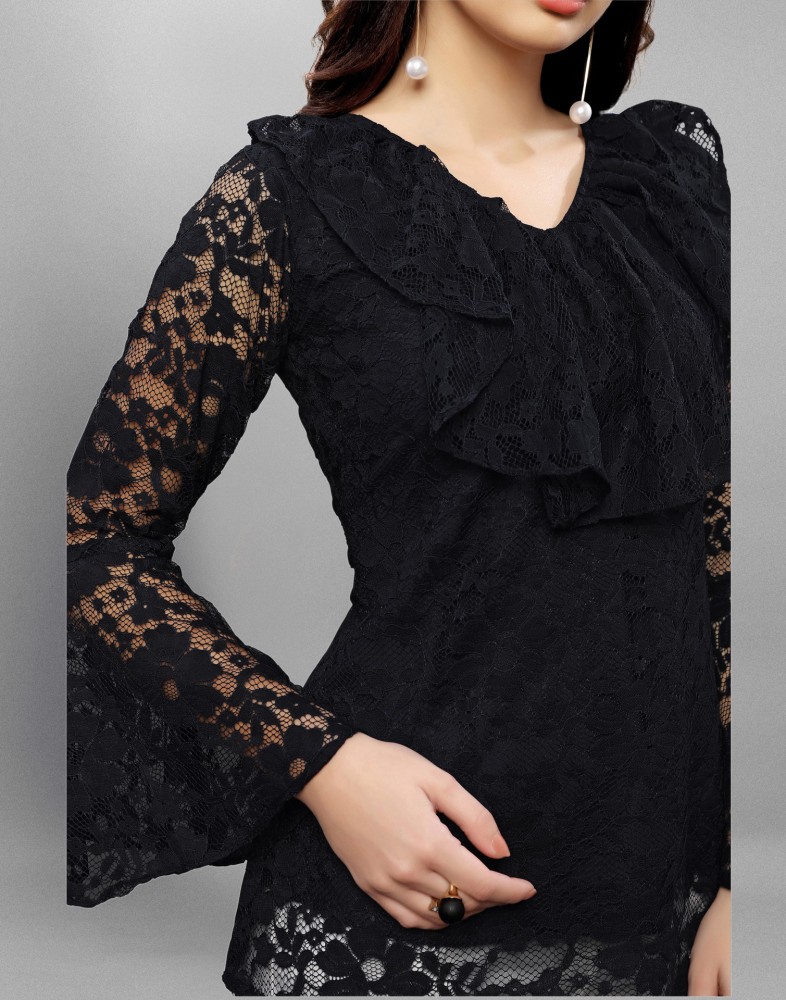 Tulla Lace Bell Sleeve Crop Top in Black