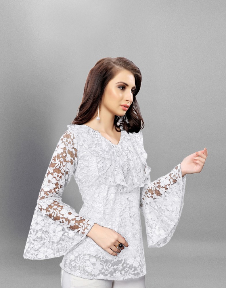 Selvia Party Bell Sleeve Self Design, Lace Women White Top