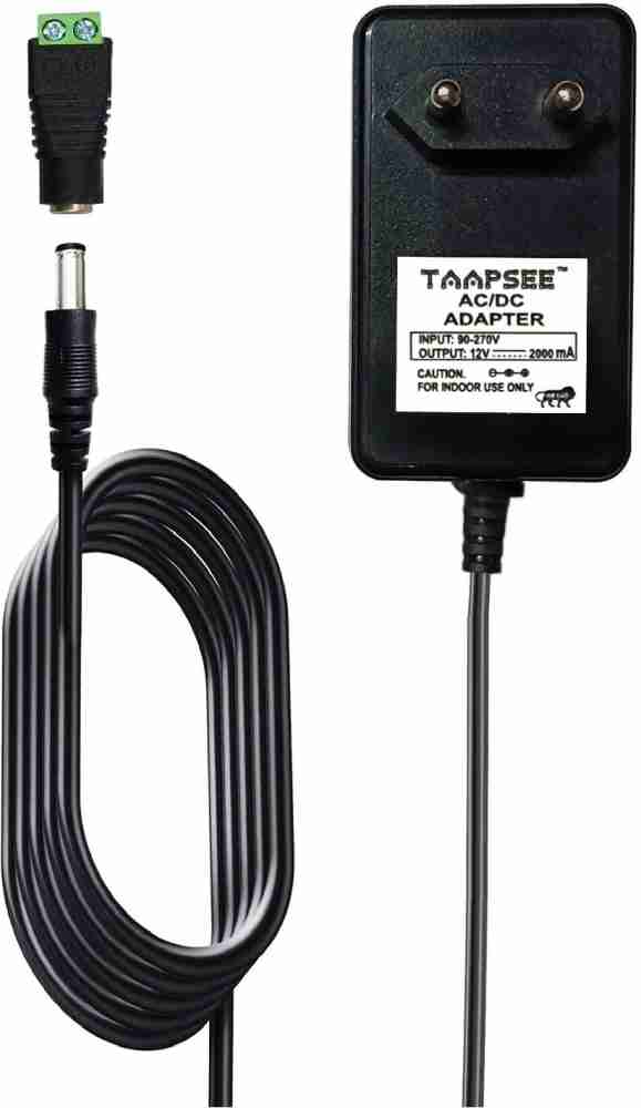 TAAPSEE 2 Meter DC 12V 2A Power Supply Adapter 12Volt Transformers  Switching Power Adaptor for 12V 3528/5050 LED Strip Lights String, 24W Max,  2.1mm X 5.5mm with Female Barrel Connector Worldwide Adaptor