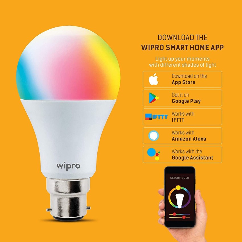Wipro WiFi Enabled Smart LED Bulb B22 9-Watt (16 Million Colors + Warm White/Neutral  White/White) (Compatible with Alexa and Google Assistant) Smart Bulb Price  in India - Buy Wipro WiFi Enabled Smart