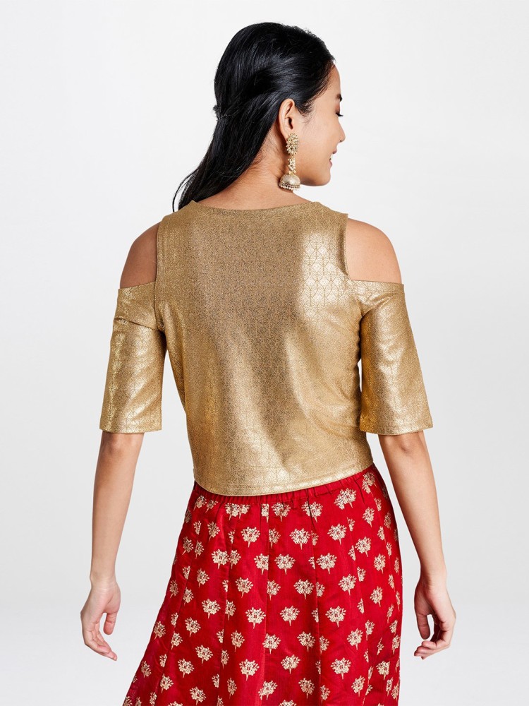 GLOBAL DESI Party Cold Shoulder Printed Women Gold Top Buy