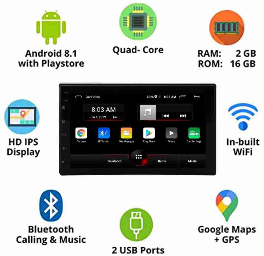 Auto Snap 9 inch Screen Android 12 with Gorilla Glass IPS Display Universal  Car Stereo with Bluetooth/WiFi/Navigation 2GB Ram/16GB ROM & USB Touch  Screen Full Hi-Definition 1080p : : Electronics